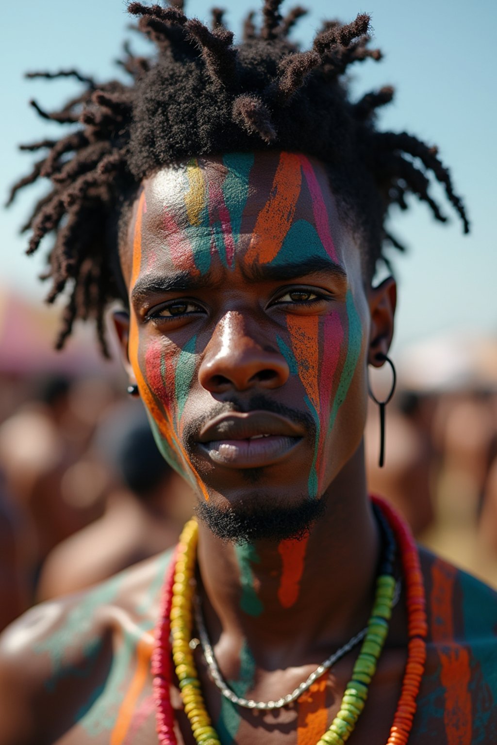 a man with  bold face and body art, capturing the artistic and expressive side of the music festival experience