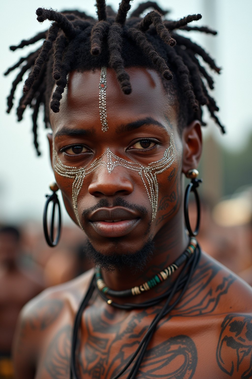 a man with  bold face and body art, capturing the artistic and expressive side of the music festival experience