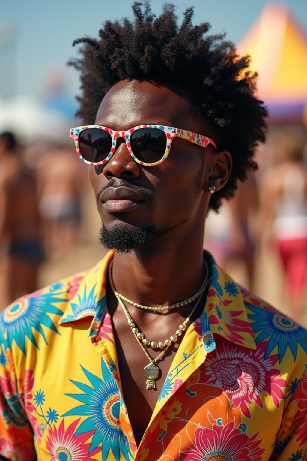 a stunning man in  a vibrant button-up shirt and funky sunglasses, capturing their eclectic and fashionable festival look