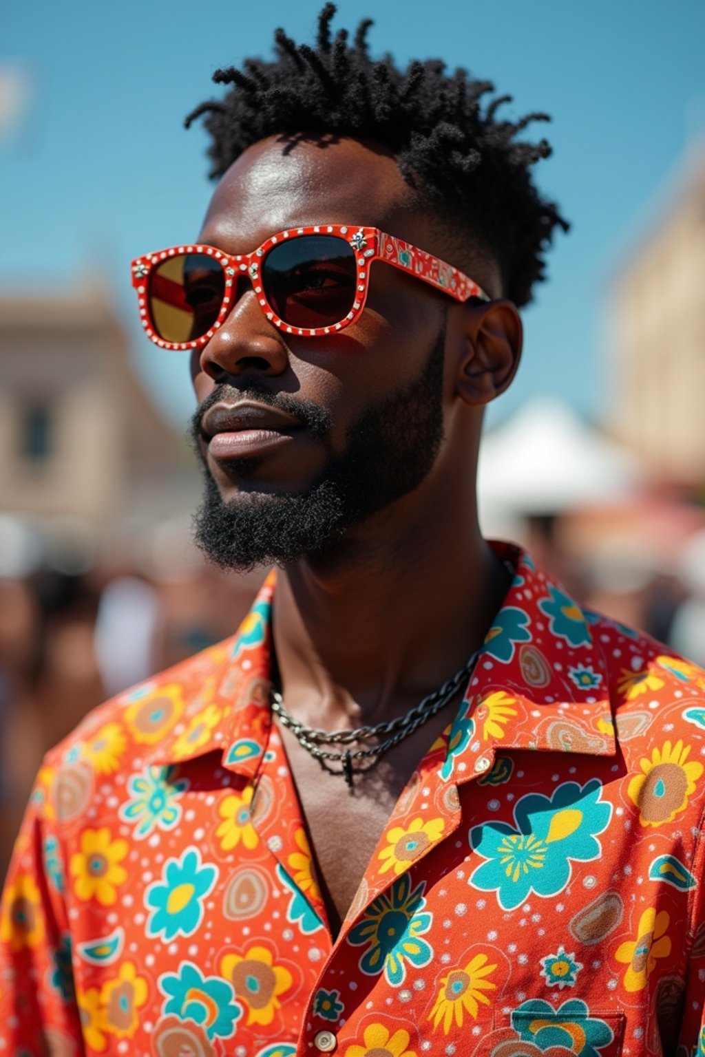 a stunning man in  a vibrant button-up shirt and funky sunglasses, capturing their eclectic and fashionable festival look