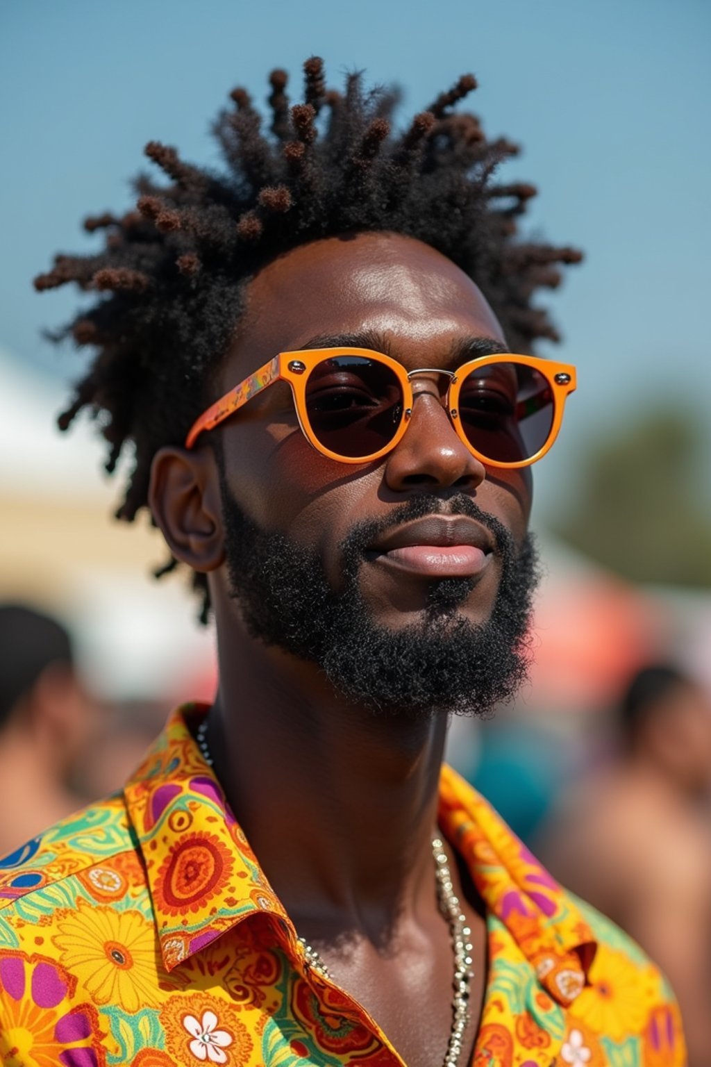 a stunning man in  a vibrant button-up shirt and funky sunglasses, capturing their eclectic and fashionable festival look