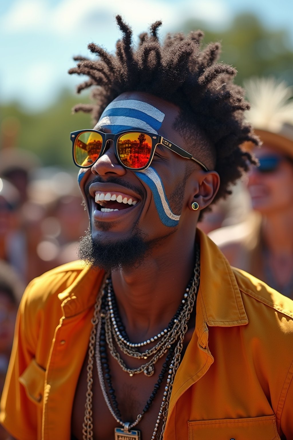 a man enjoying a live performance on a sunny day, with  a bold face paint design, radiating the joy and excitement of the festival