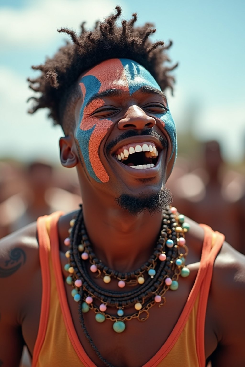 a man enjoying a live performance on a sunny day, with  a bold face paint design, radiating the joy and excitement of the festival