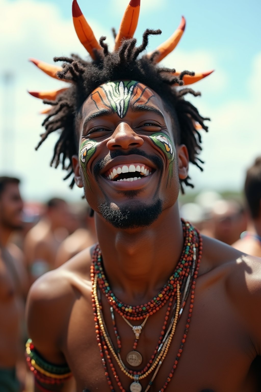 a man enjoying a live performance on a sunny day, with  a bold face paint design, radiating the joy and excitement of the festival