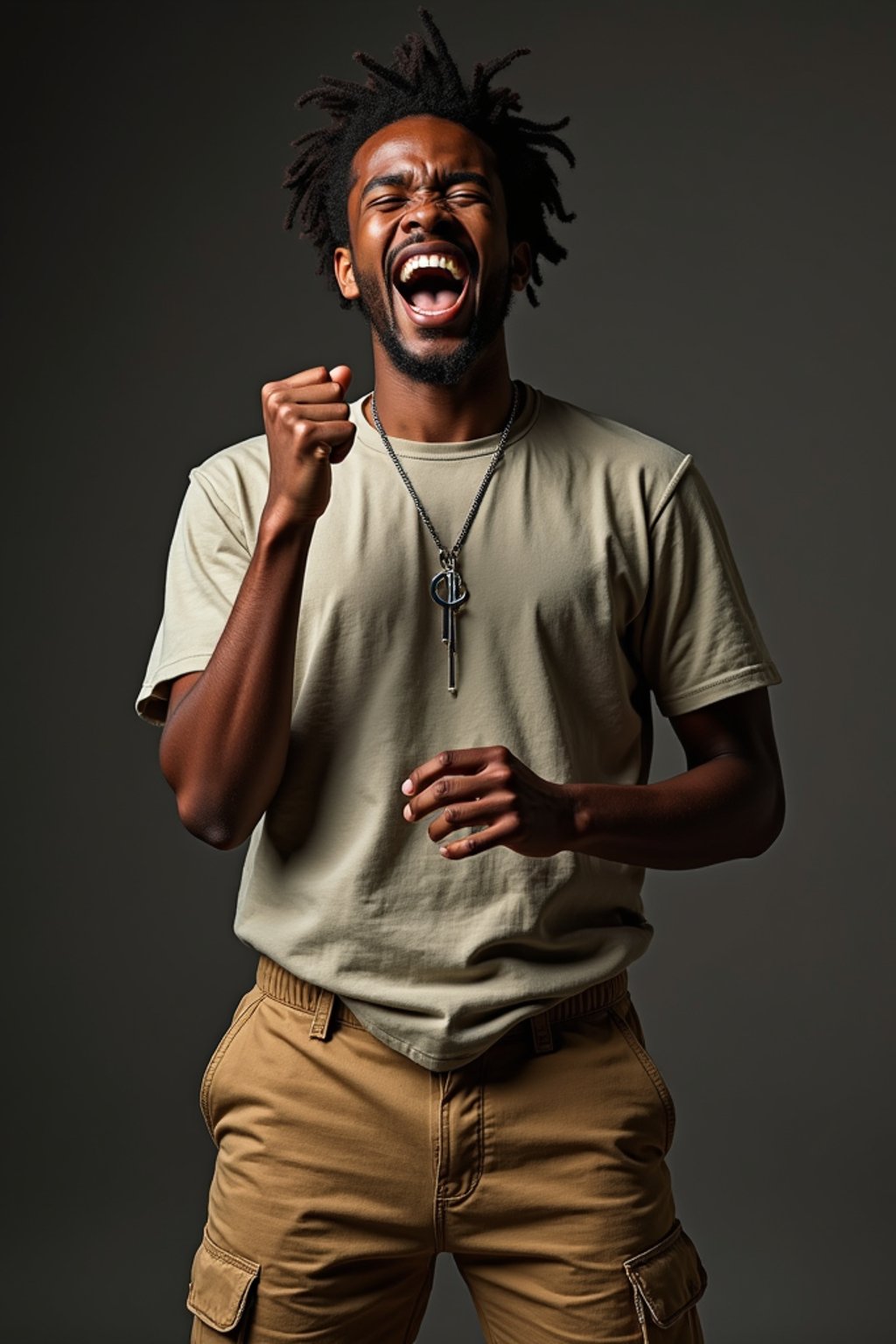 a man in  a t-shirt and cargo pants, capturing their infectious energy and enthusiasm for the music