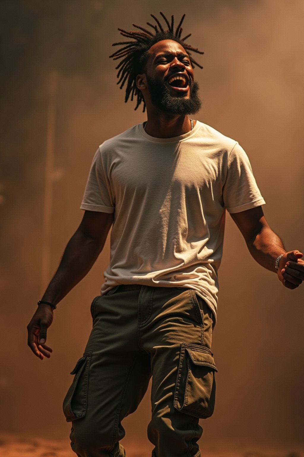 a man in  a t-shirt and cargo pants, capturing their infectious energy and enthusiasm for the music