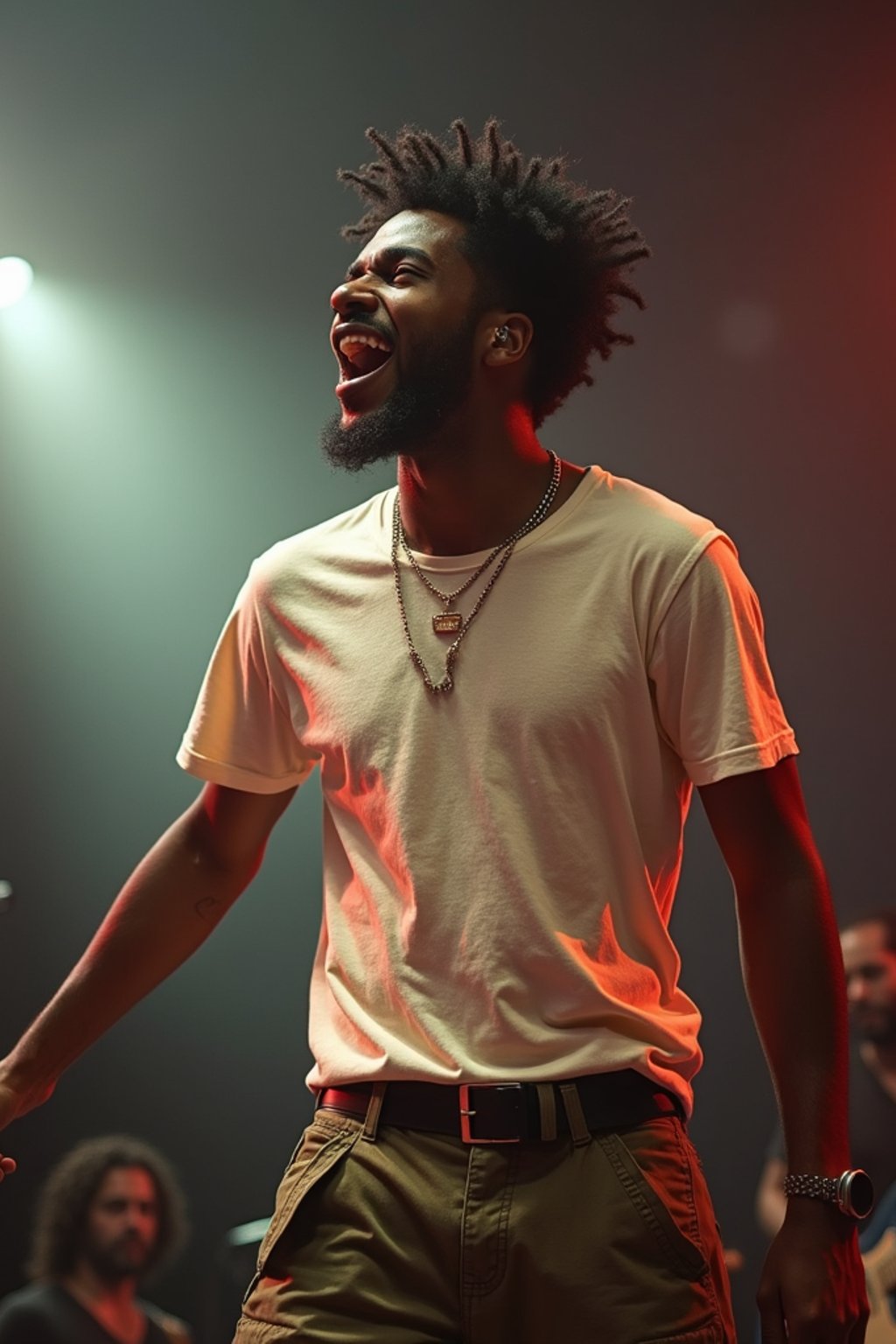 a man in  a t-shirt and cargo pants, capturing their infectious energy and enthusiasm for the music