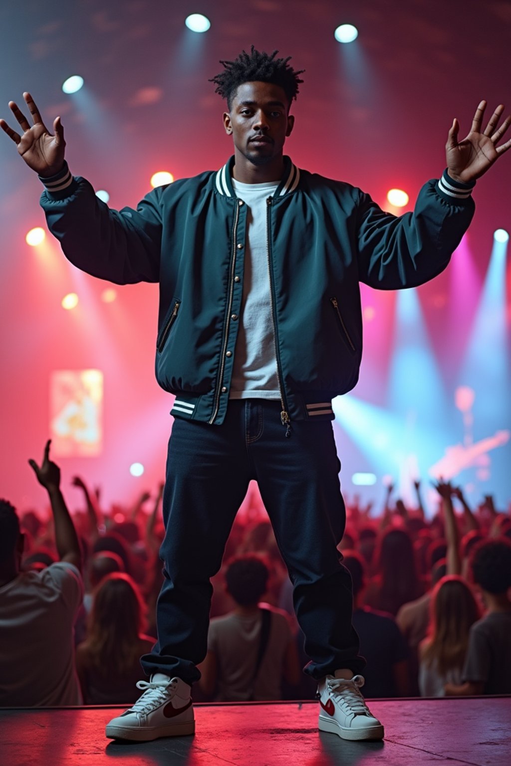 a man in  a cool bomber jacket and sneakers, striking a pose in front of a stage backdrop, capturing the excitement of a music festival