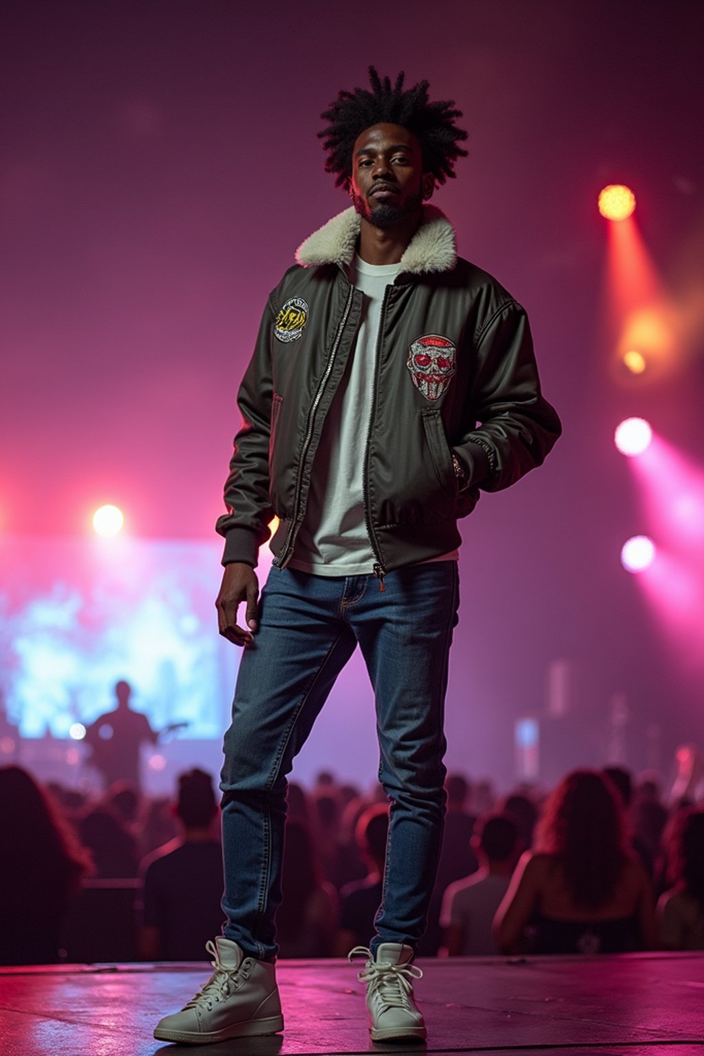 a man in  a cool bomber jacket and sneakers, striking a pose in front of a stage backdrop, capturing the excitement of a music festival