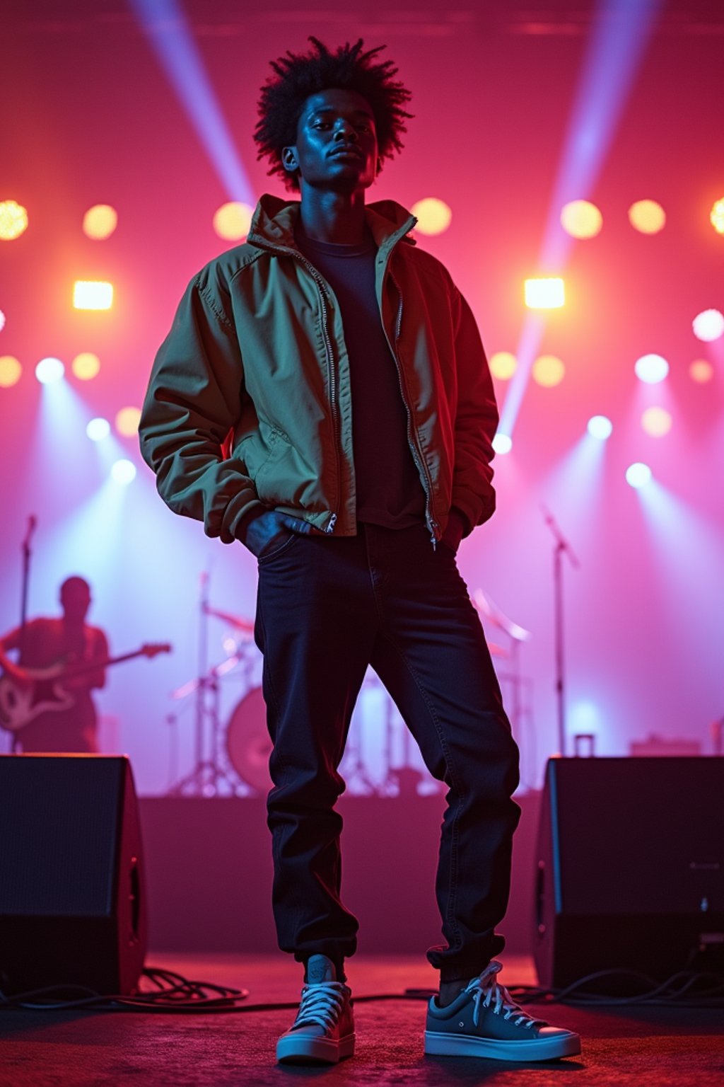 a man in  a cool bomber jacket and sneakers, striking a pose in front of a stage backdrop, capturing the excitement of a music festival