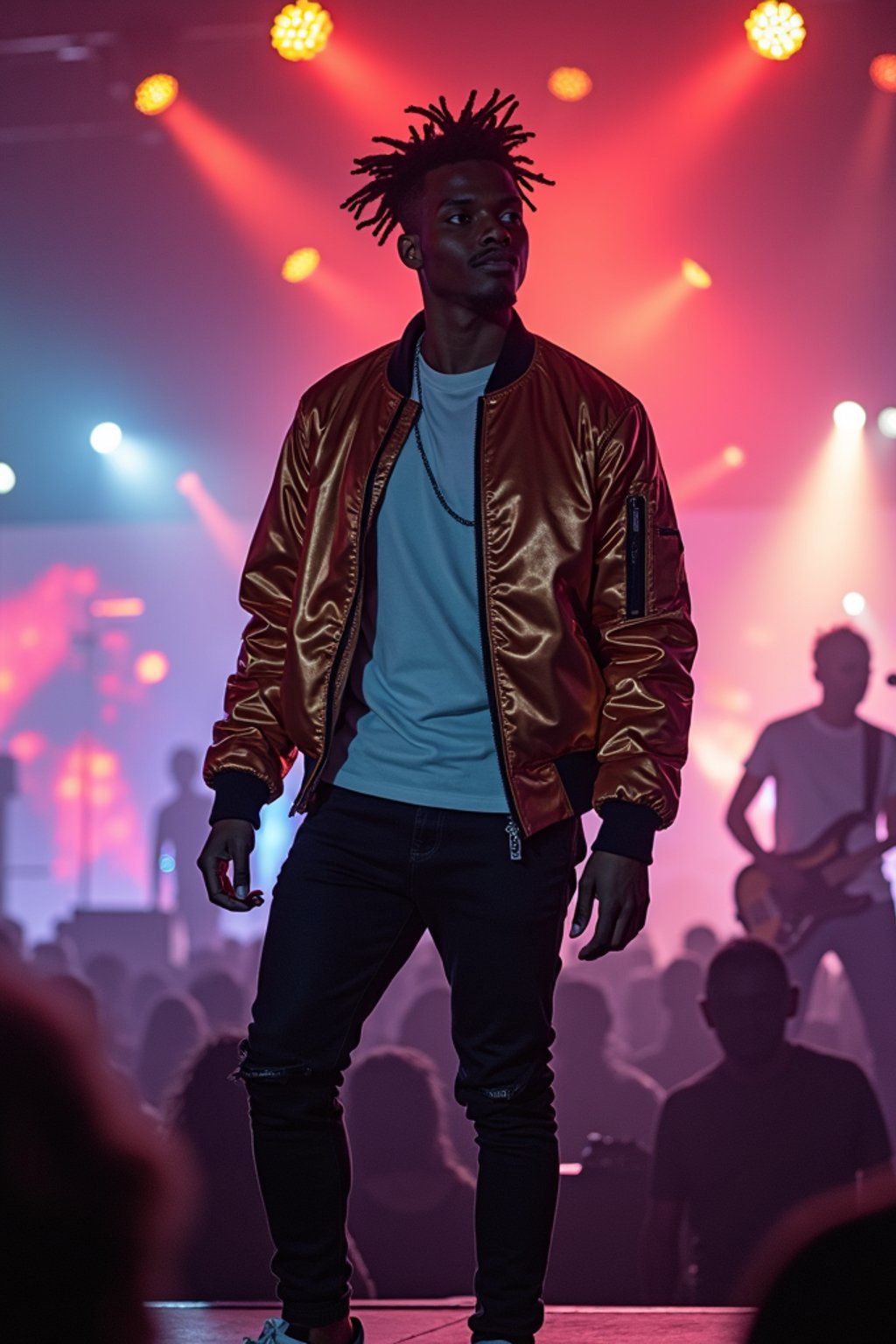 a man in  a cool bomber jacket and sneakers, striking a pose in front of a stage backdrop, capturing the excitement of a music festival