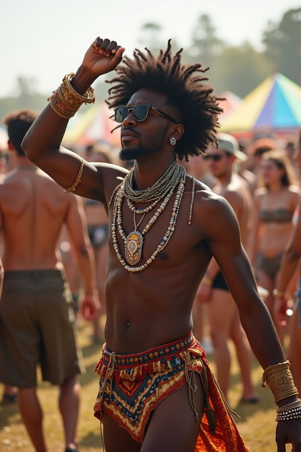 a man in a festival-inspired outfit, dancing with  a crowd of fellow festival-goers, capturing the energetic and lively atmosphere