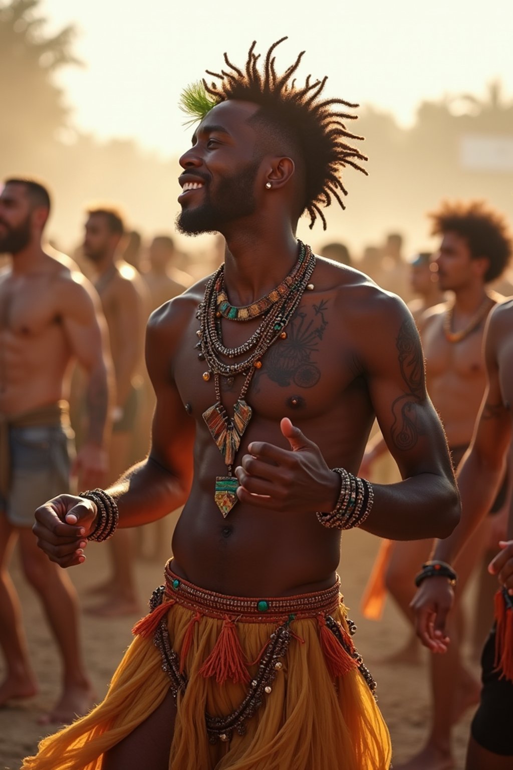 a man in a festival-inspired outfit, dancing with  a crowd of fellow festival-goers, capturing the energetic and lively atmosphere