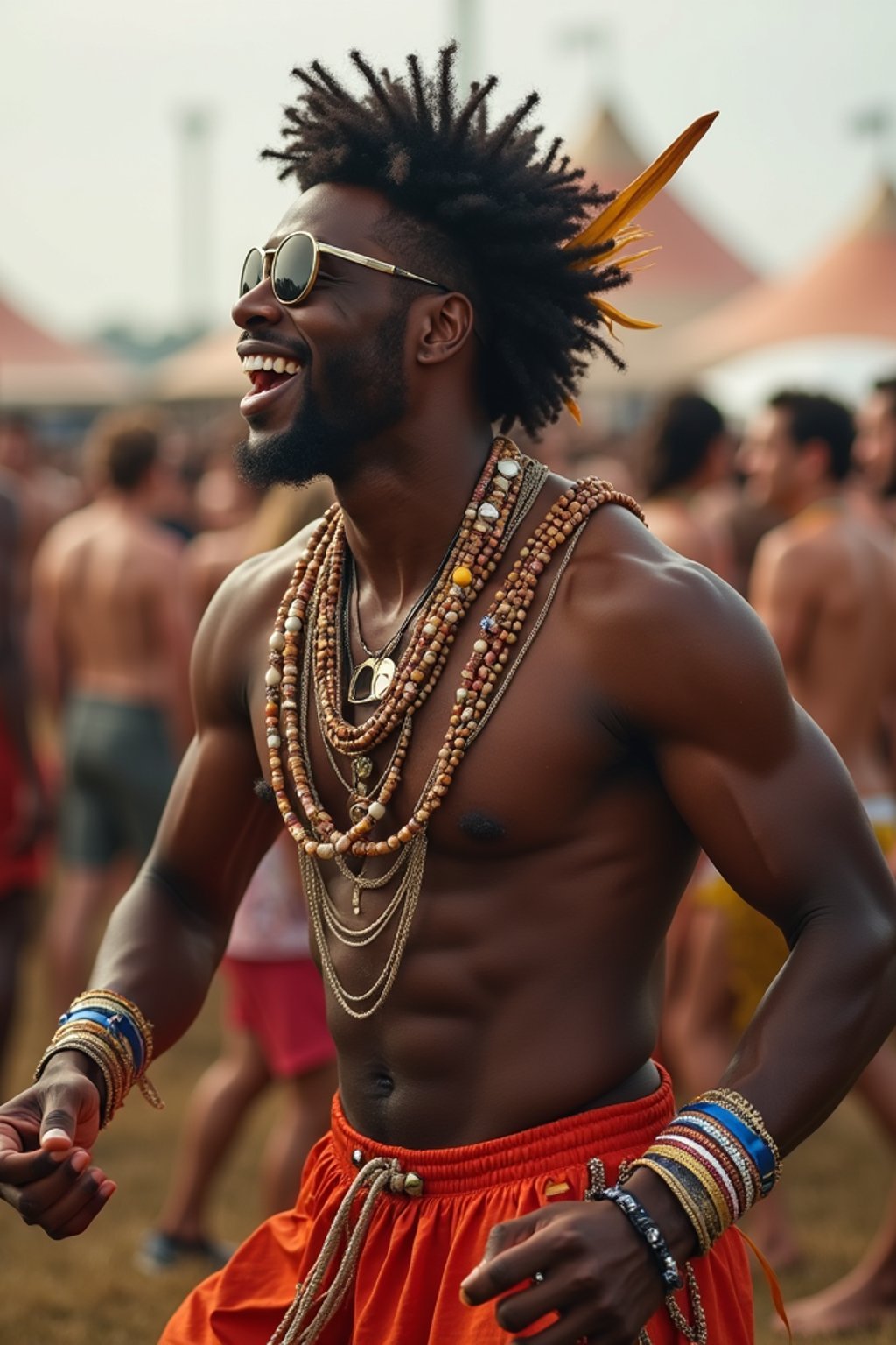 a man in a festival-inspired outfit, dancing with  a crowd of fellow festival-goers, capturing the energetic and lively atmosphere