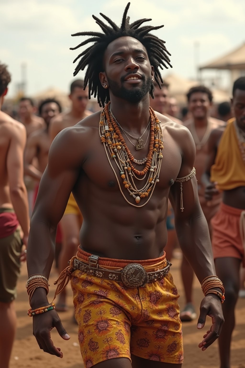 a man in a festival-inspired outfit, dancing with  a crowd of fellow festival-goers, capturing the energetic and lively atmosphere