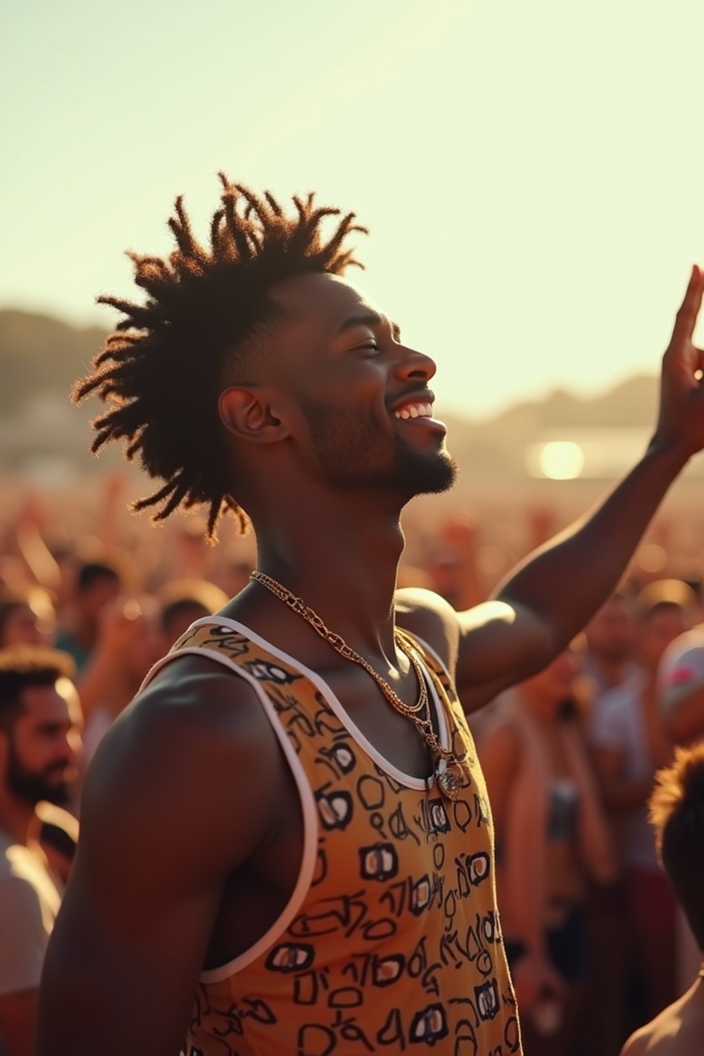 a man enjoying the live music on a sunny day, surrounded by  energetic fans and raising their hands in excitement