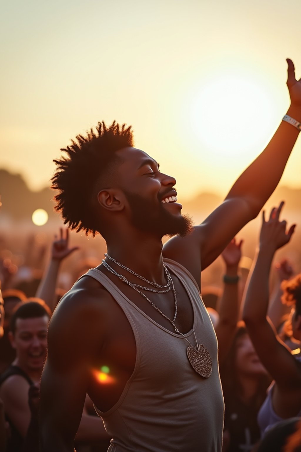 a man enjoying the live music on a sunny day, surrounded by  energetic fans and raising their hands in excitement