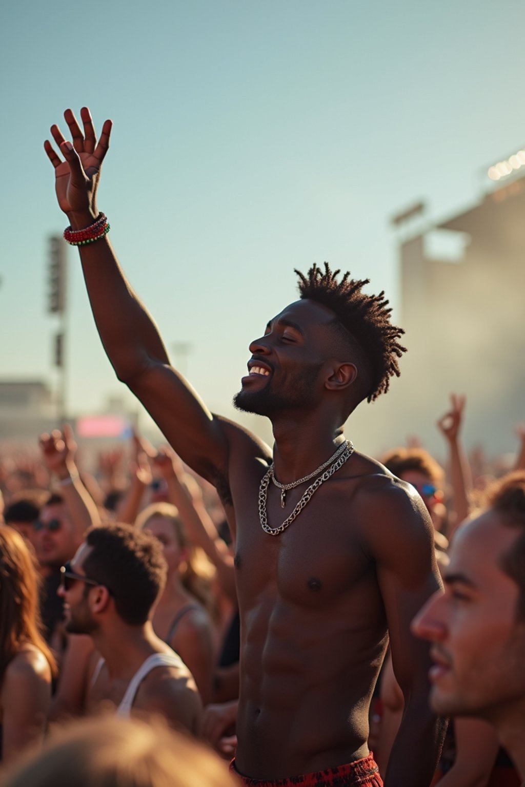 a man enjoying the live music on a sunny day, surrounded by  energetic fans and raising their hands in excitement