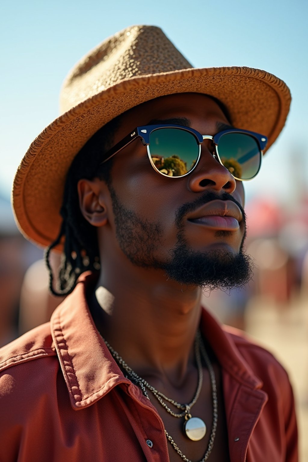 a stunning man with  a stylish hat and sunglasses, capturing the essence of festival fashion and individuality