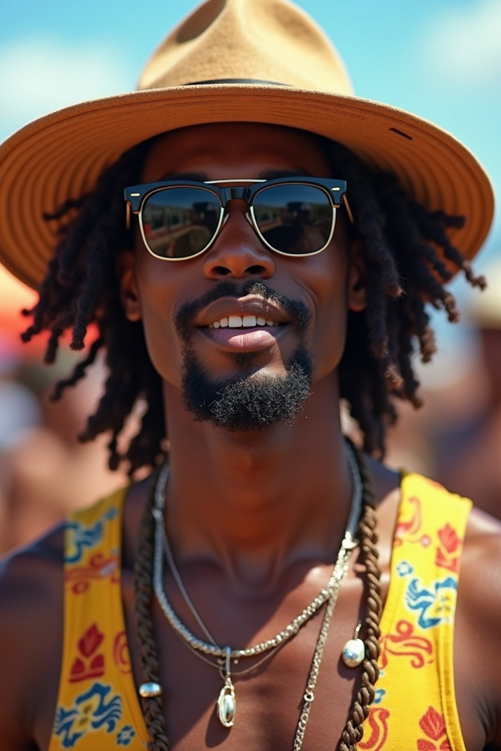 a stunning man with  a stylish hat and sunglasses, capturing the essence of festival fashion and individuality