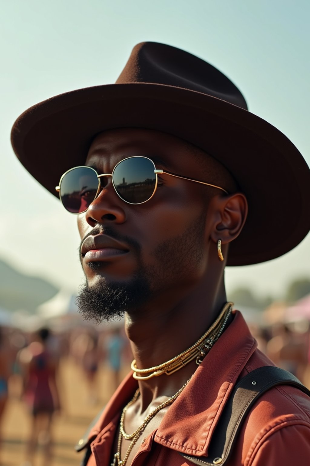 a stunning man with  a stylish hat and sunglasses, capturing the essence of festival fashion and individuality