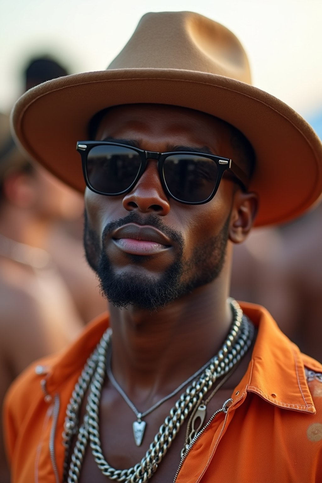 a stunning man with  a stylish hat and sunglasses, capturing the essence of festival fashion and individuality