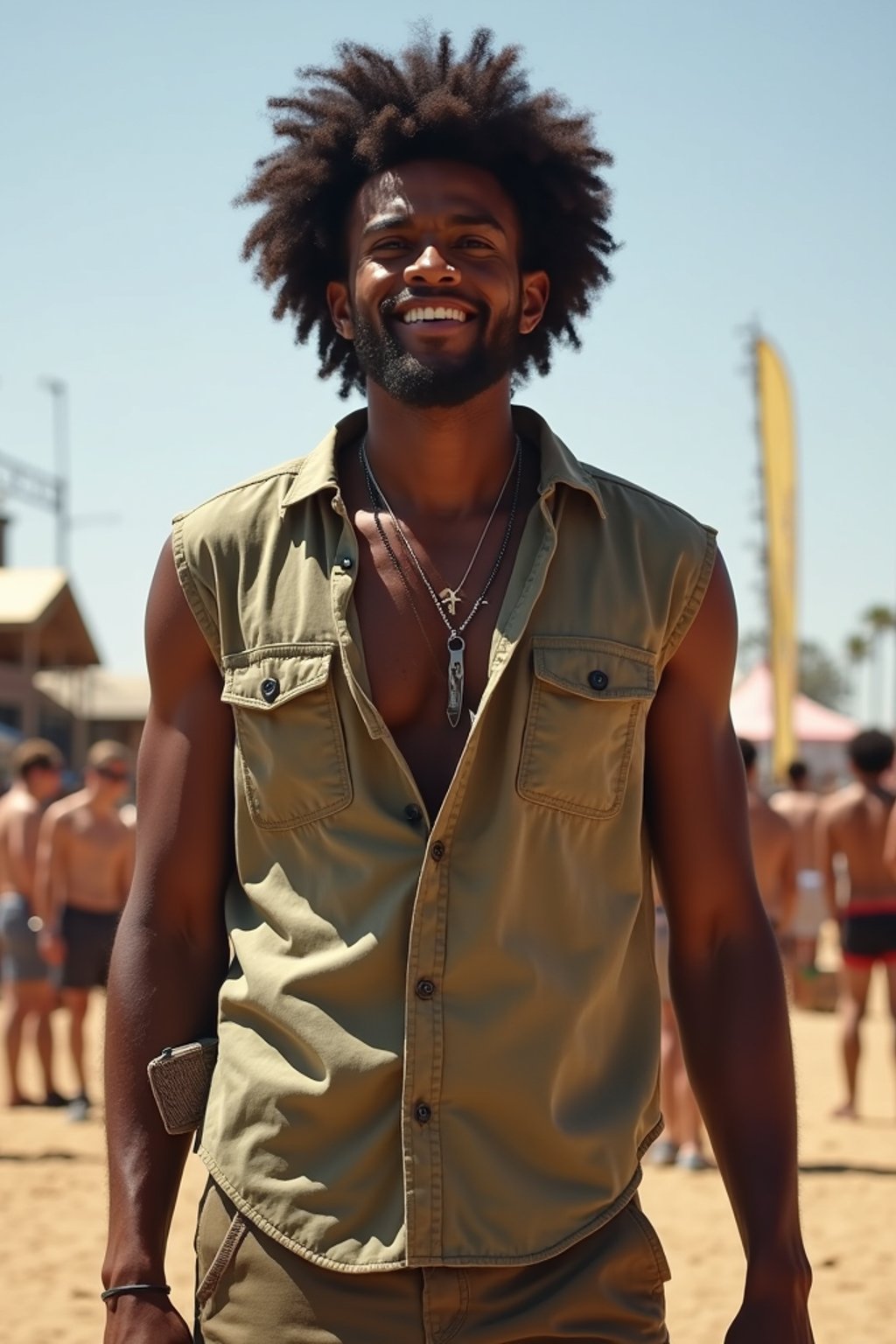 a man in  a sleeveless shirt and cargo pants, embodying the free-spirited and carefree nature of a music festival