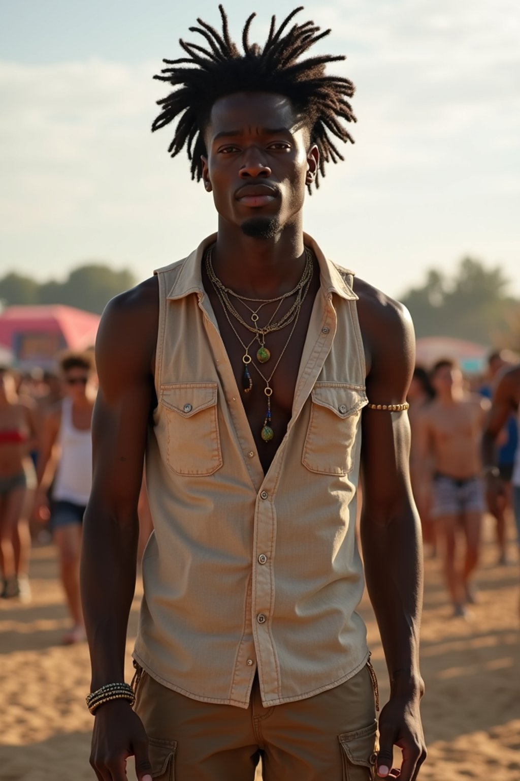 a man in  a sleeveless shirt and cargo pants, embodying the free-spirited and carefree nature of a music festival