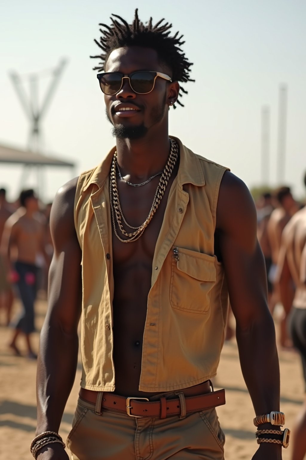 a man in  a sleeveless shirt and cargo pants, embodying the free-spirited and carefree nature of a music festival