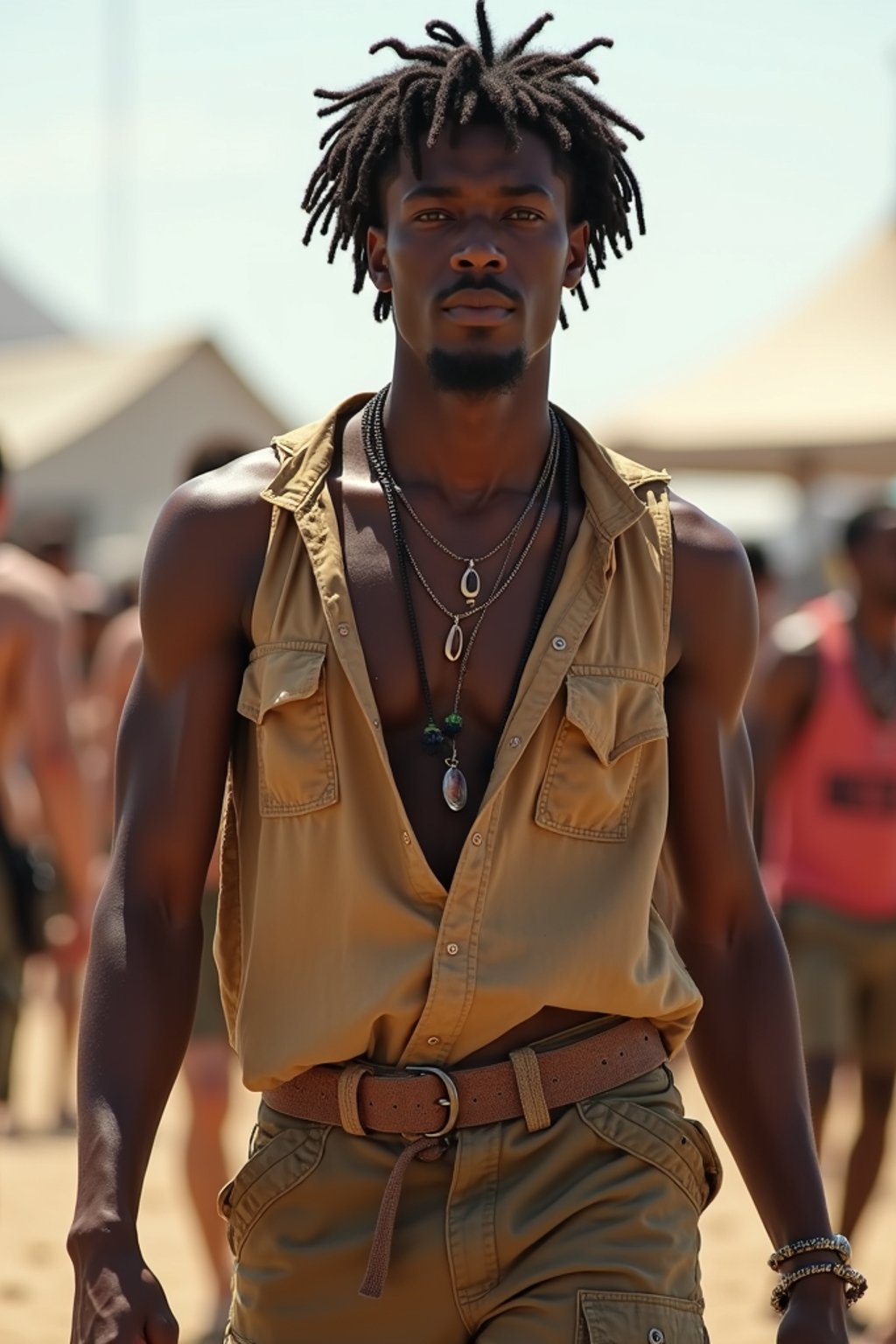 a man in  a sleeveless shirt and cargo pants, embodying the free-spirited and carefree nature of a music festival