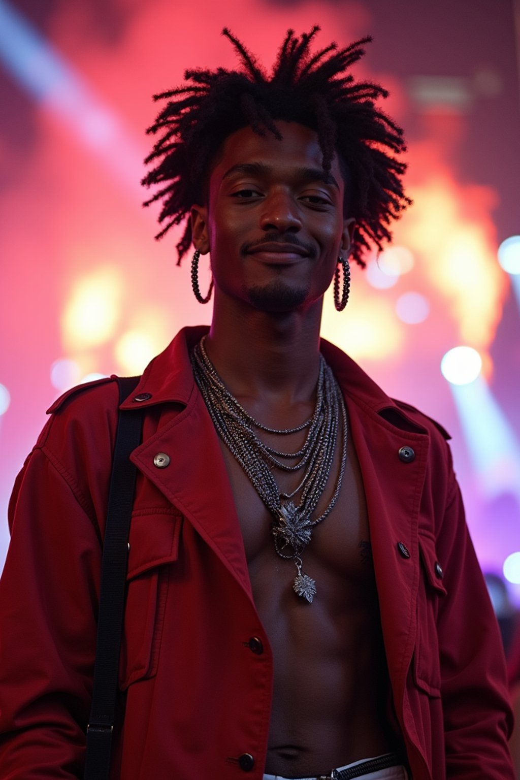 an incredibly attractive man in a festival outfit, embracing the festival vibes and posing against a backdrop of colorful stage lights and decorations