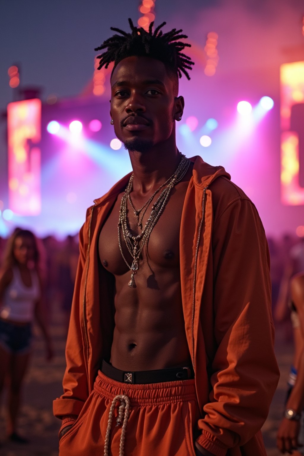 an incredibly attractive man in a festival outfit, embracing the festival vibes and posing against a backdrop of colorful stage lights and decorations