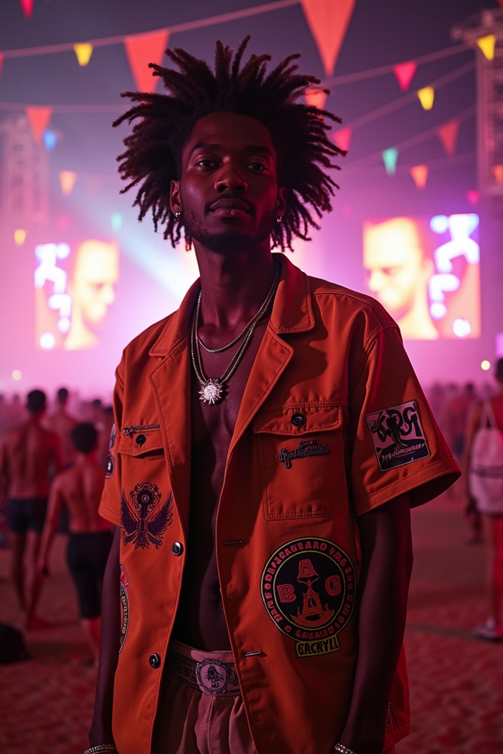 an incredibly attractive man in a festival outfit, embracing the festival vibes and posing against a backdrop of colorful stage lights and decorations