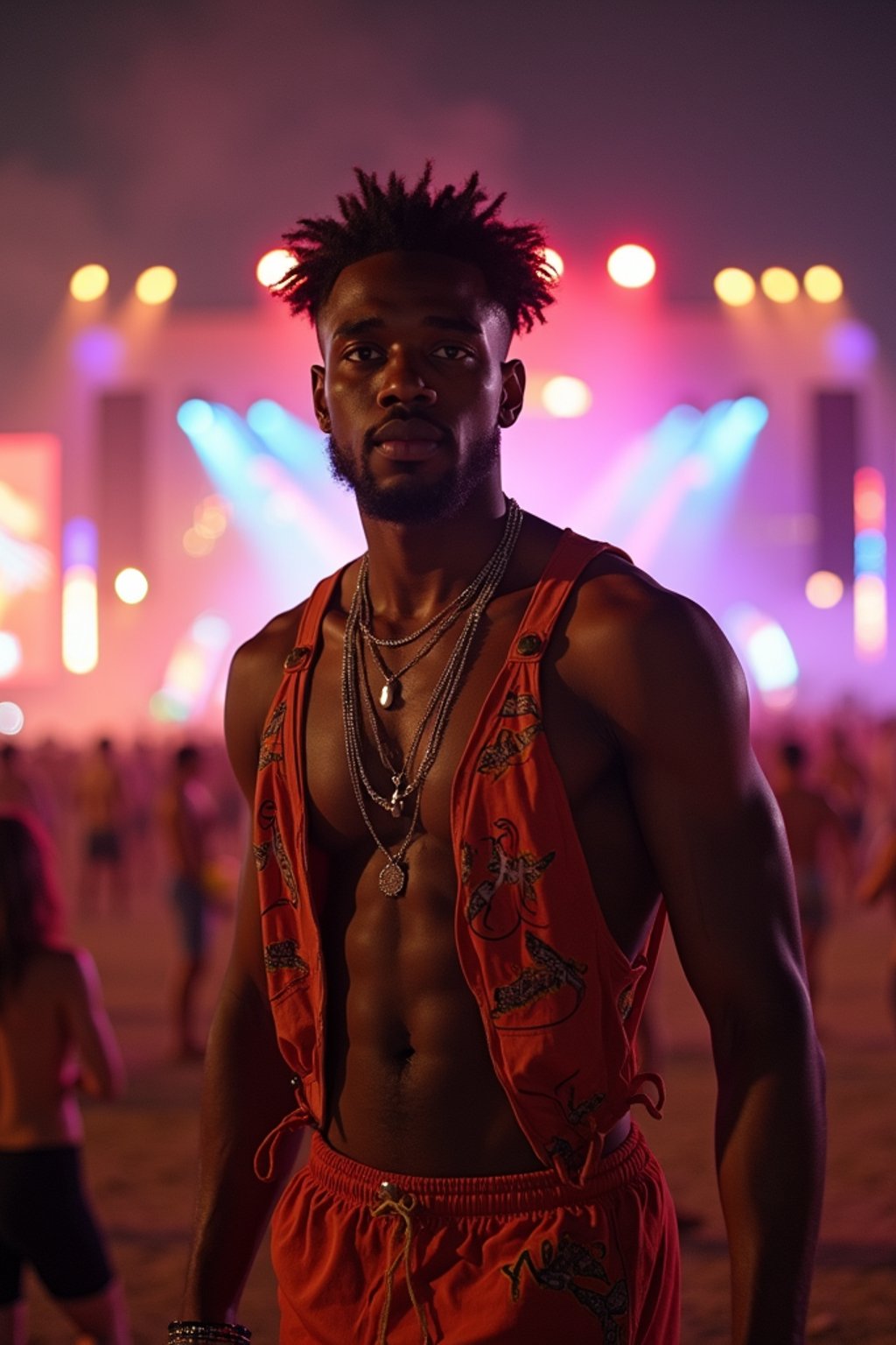 an incredibly attractive man in a festival outfit, embracing the festival vibes and posing against a backdrop of colorful stage lights and decorations