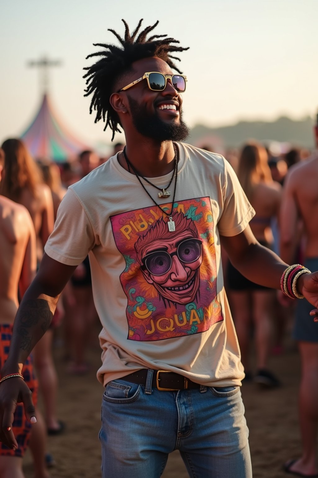 a stunning man as a festival-goer, dancing and enjoying the music in a vibrant crowd, wearing  a colorful graphic t-shirt and denim shorts