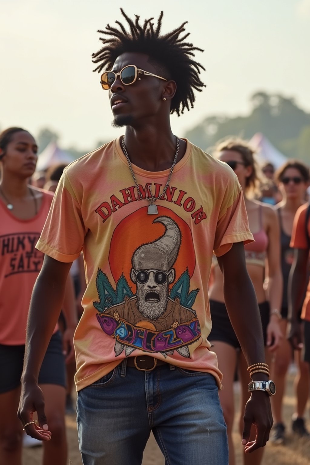 a stunning man as a festival-goer, dancing and enjoying the music in a vibrant crowd, wearing  a colorful graphic t-shirt and denim shorts