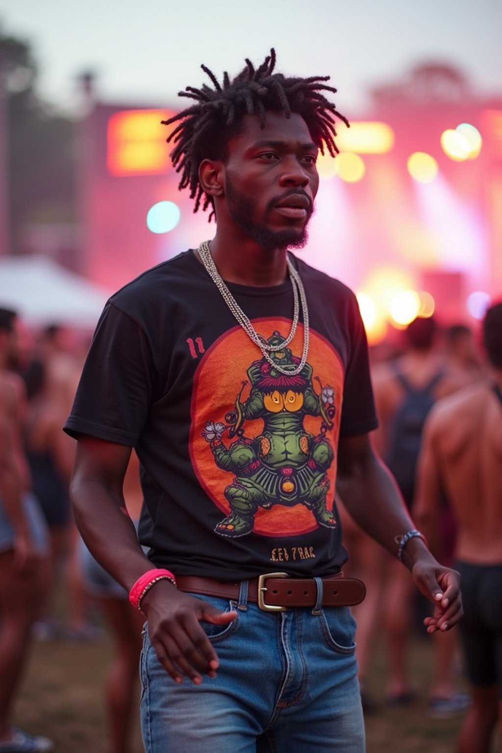 a stunning man as a festival-goer, dancing and enjoying the music in a vibrant crowd, wearing  a colorful graphic t-shirt and denim shorts