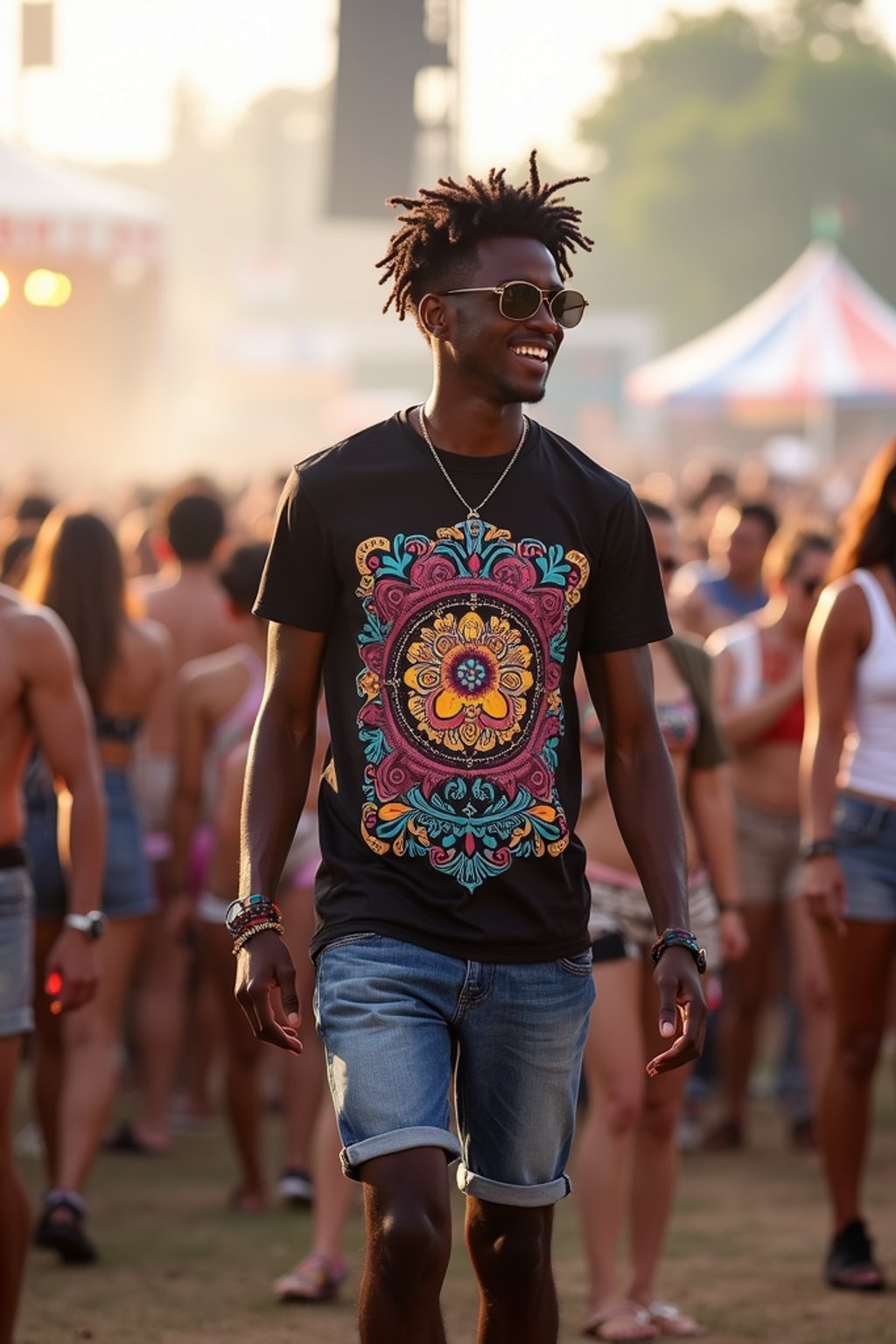 a stunning man as a festival-goer, dancing and enjoying the music in a vibrant crowd, wearing  a colorful graphic t-shirt and denim shorts