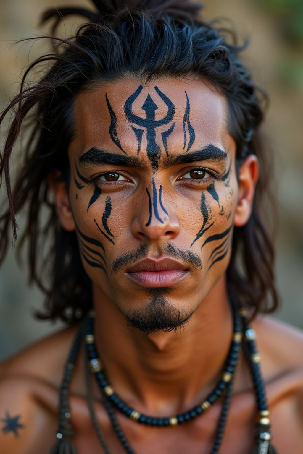 a man with  a tribal face paint design, adding an element of tribal and cultural inspiration to their festival look