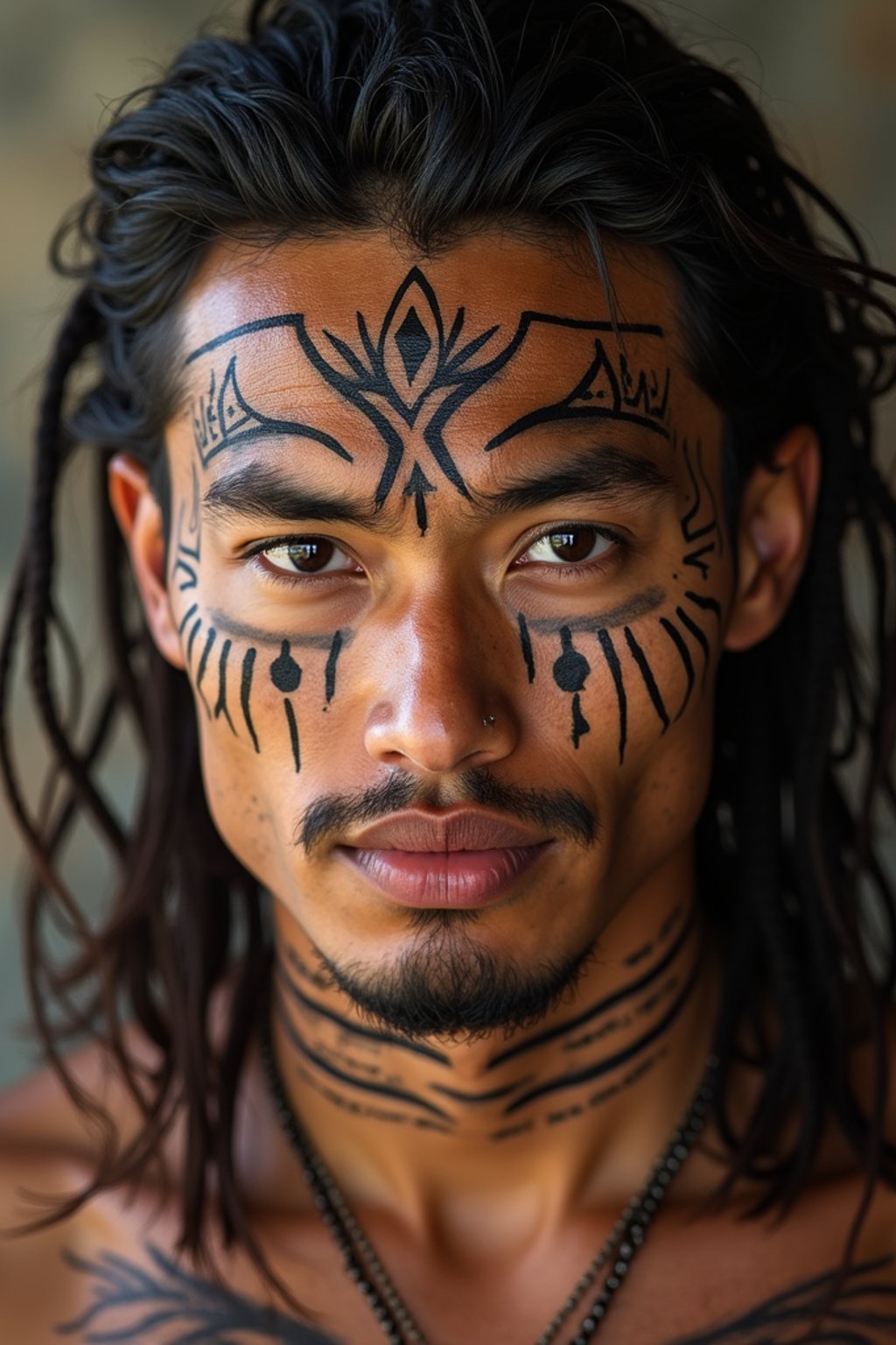 a man with  a tribal face paint design, adding an element of tribal and cultural inspiration to their festival look