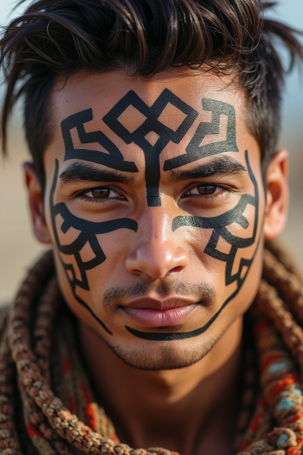 a man with  a tribal face paint design, adding an element of tribal and cultural inspiration to their festival look