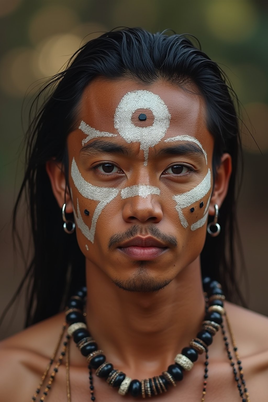 a man with  a tribal face paint design, adding an element of tribal and cultural inspiration to their festival look