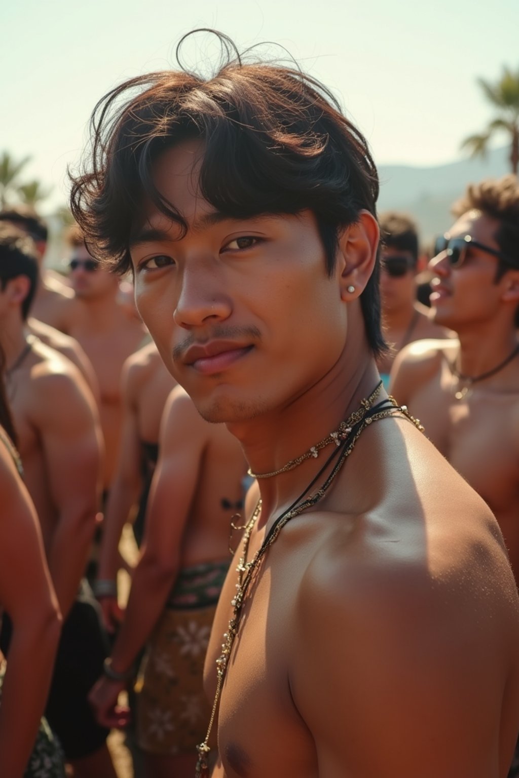 a stunning man surrounded by  a crowd of fellow festival-goers, capturing the sense of community and celebration at the festival