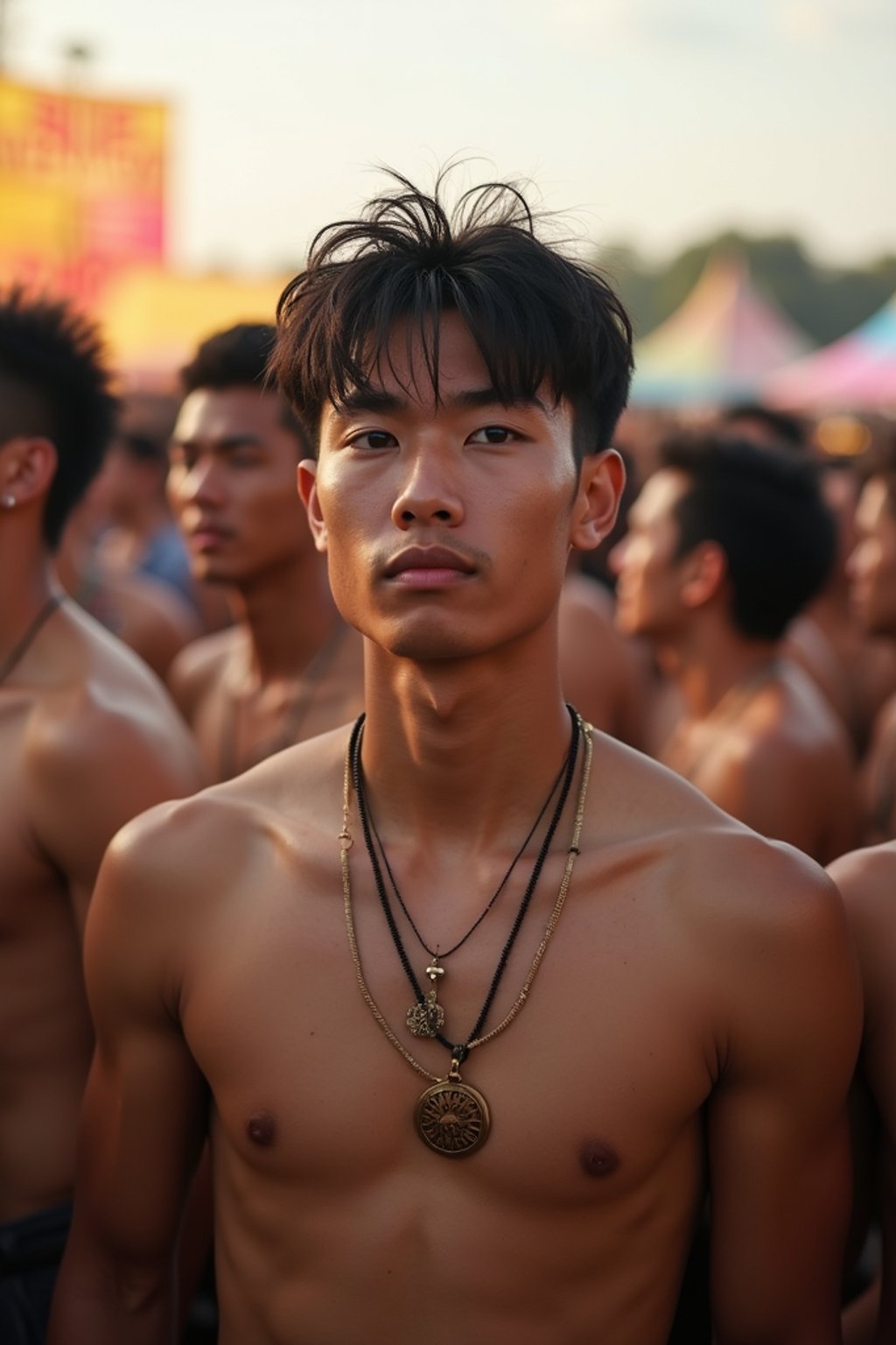 a stunning man surrounded by  a crowd of fellow festival-goers, capturing the sense of community and celebration at the festival