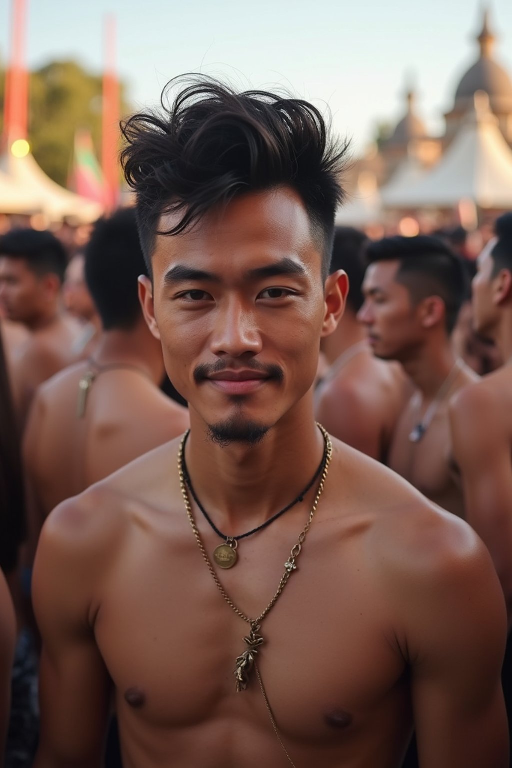 a stunning man surrounded by  a crowd of fellow festival-goers, capturing the sense of community and celebration at the festival