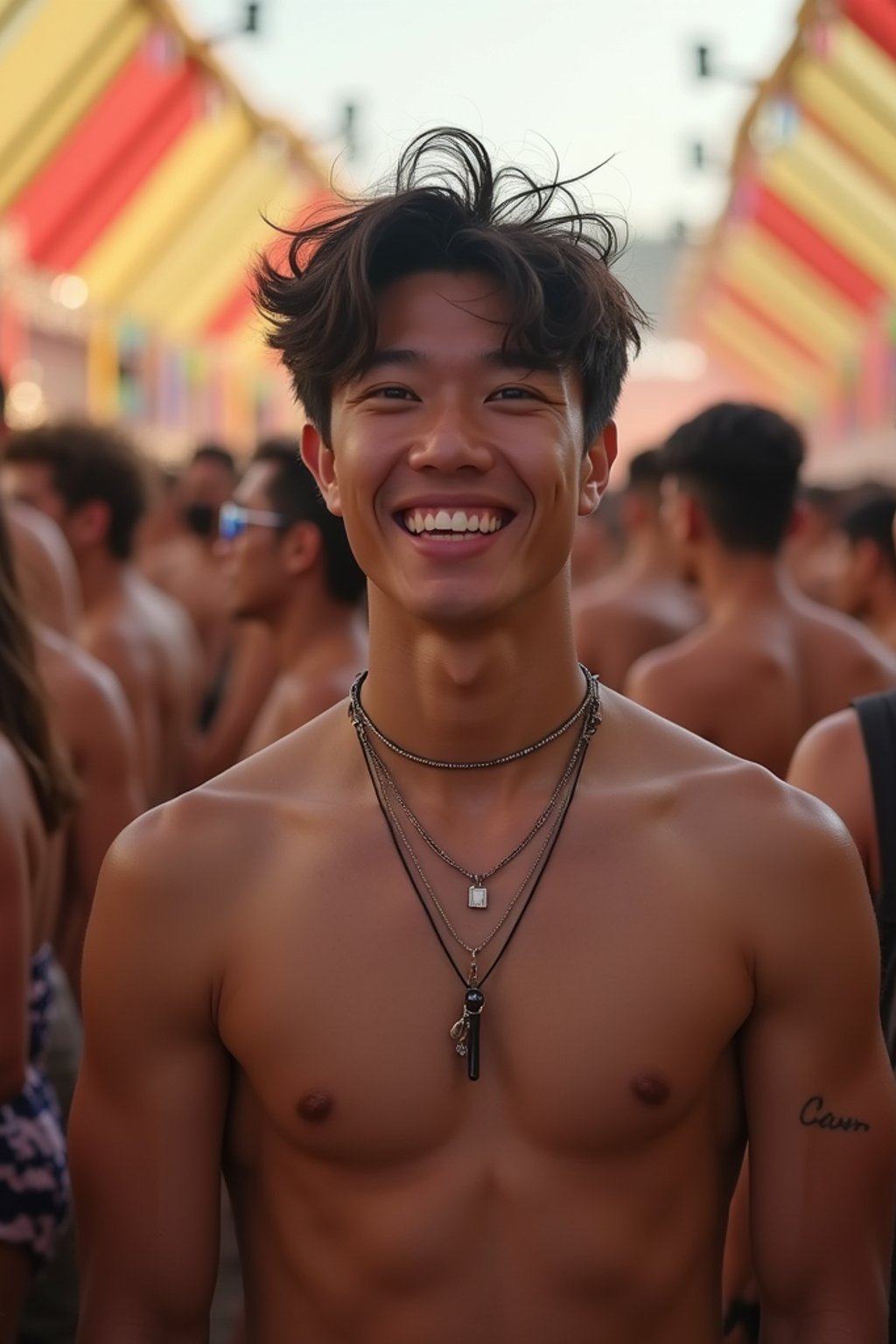 a stunning man surrounded by  a crowd of fellow festival-goers, capturing the sense of community and celebration at the festival