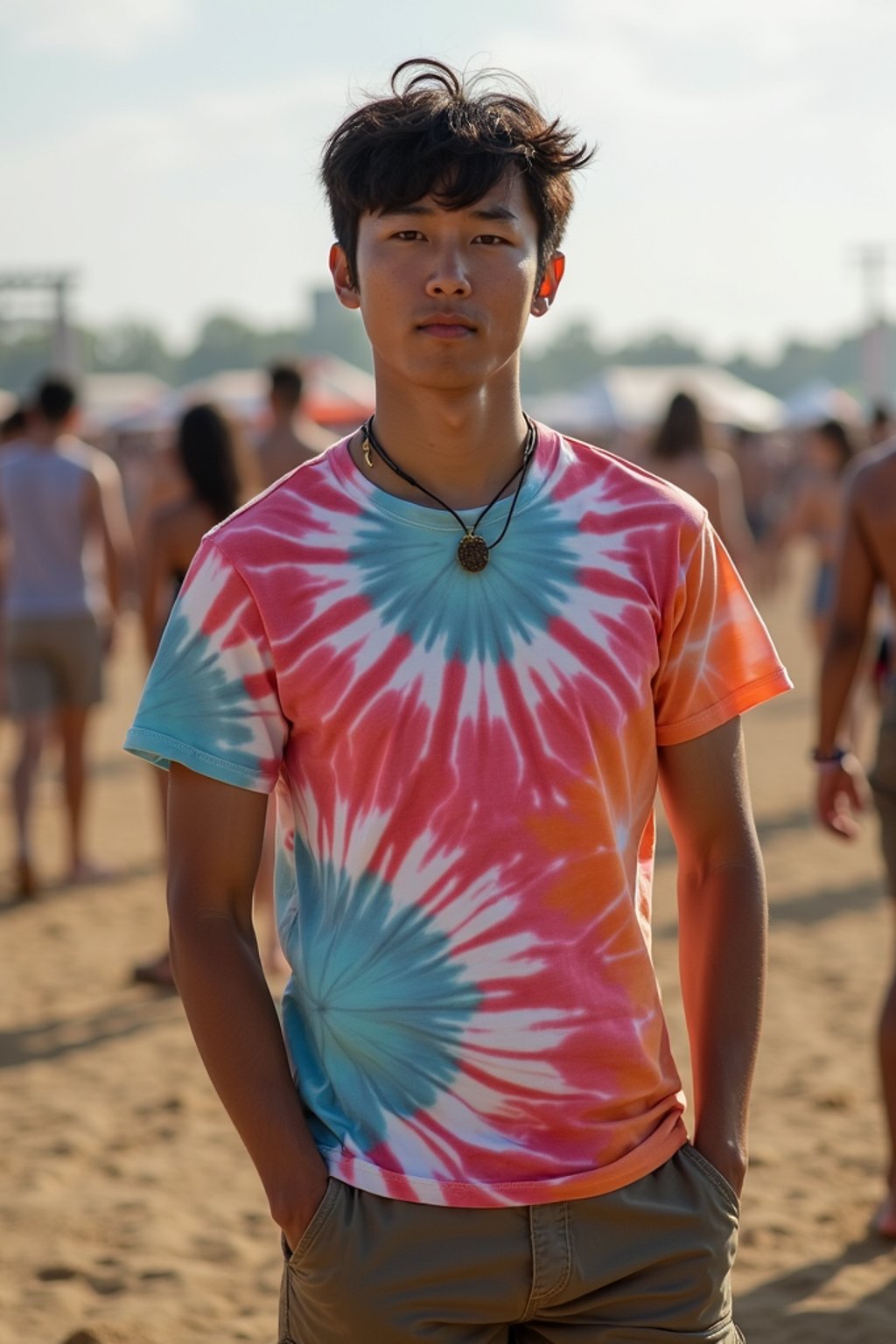 a man in  a tie-dye t-shirt and cargo shorts, embodying the DIY and personalization culture of music festivals