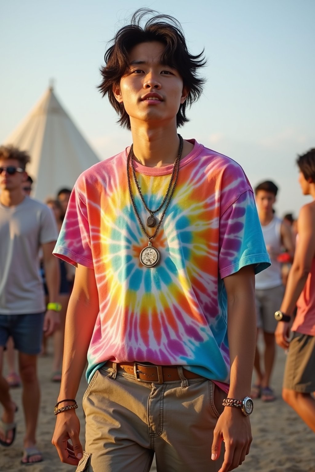 a man in  a tie-dye t-shirt and cargo shorts, embodying the DIY and personalization culture of music festivals