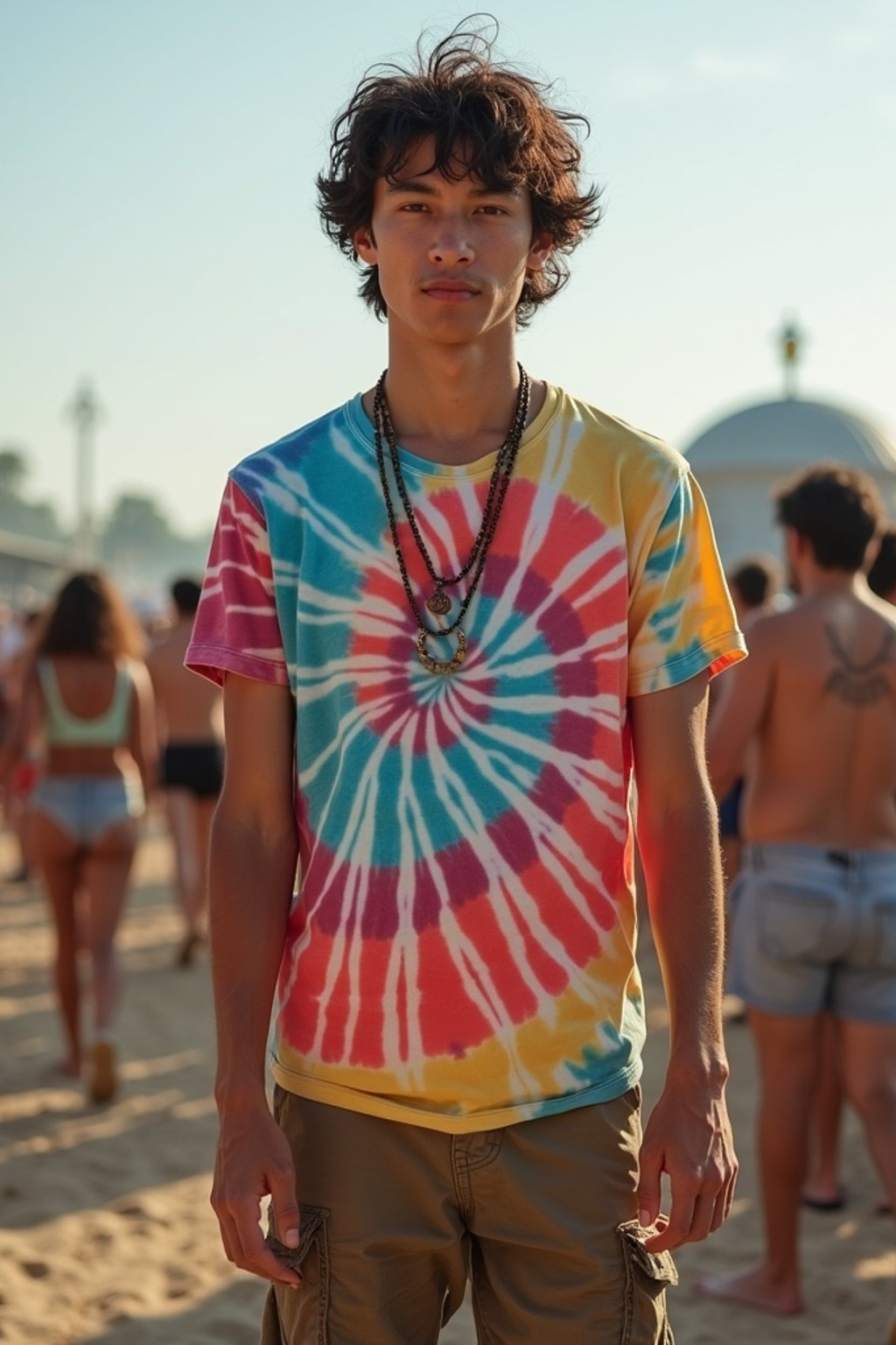 a man in  a tie-dye t-shirt and cargo shorts, embodying the DIY and personalization culture of music festivals