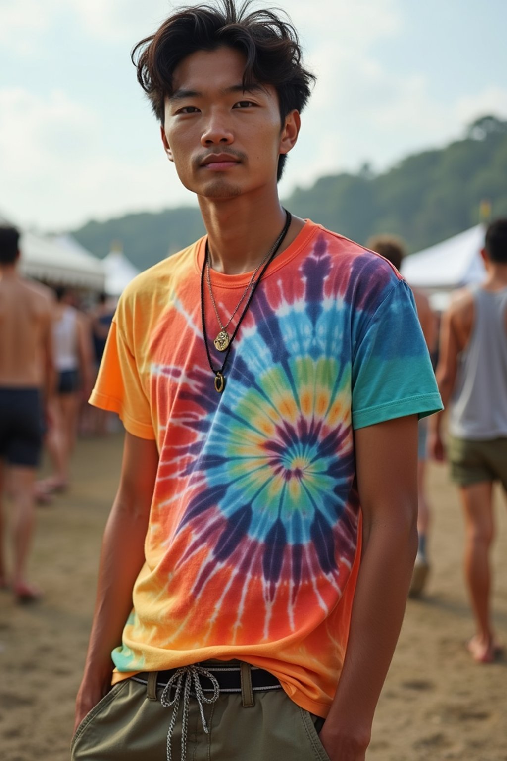 a man in  a tie-dye t-shirt and cargo shorts, embodying the DIY and personalization culture of music festivals